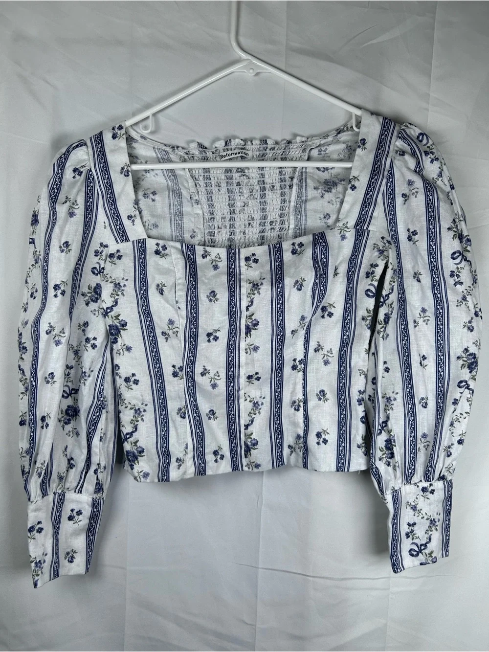 Reformation Floral Linen Crop Top Women’s Size 0 White Blue Sustainable